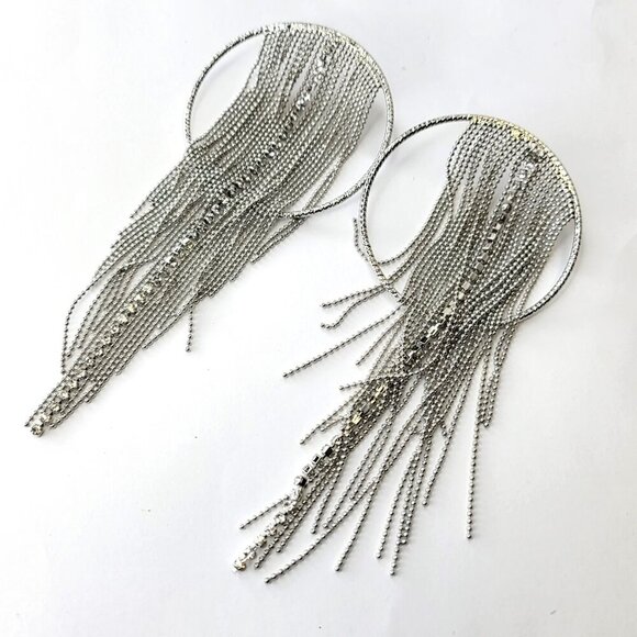 Silver Tone Tassel Earrings Tone Chandelier Earrings Bridal Earring - Picture 3 of 6